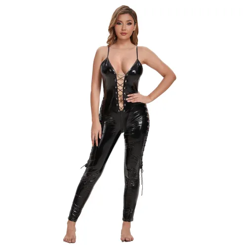Wetlook Lace-up PU Jumpsuit Woman Sexy Clubwear Faux Leather Catsuit PQ015