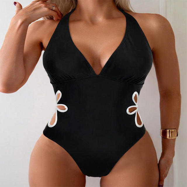 Black V-neck Swimwear Womens Halter Monokini One Piece Swimsuit PQ2440