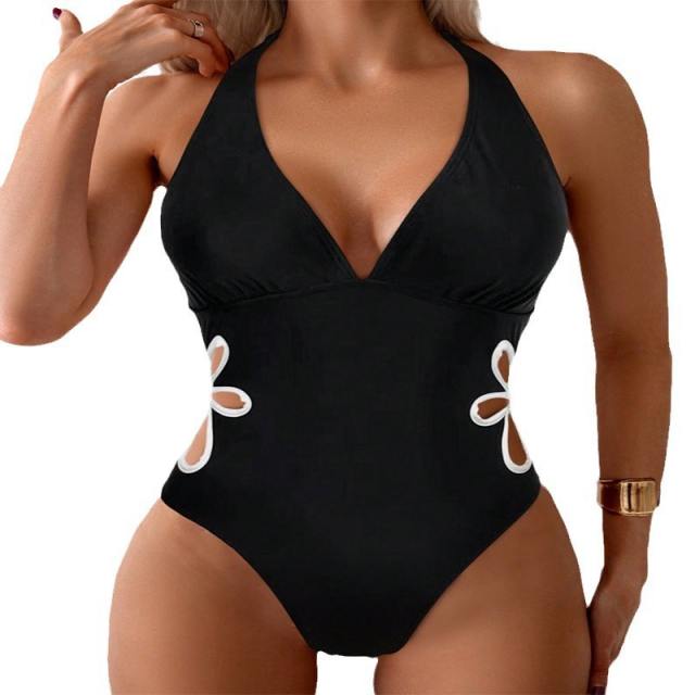 Black V-neck Swimwear Womens Halter Monokini One Piece Swimsuit PQ2440