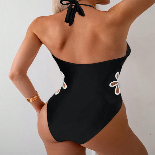 Black V-neck Swimwear Womens Halter Monokini One Piece Swimsuit PQ2440