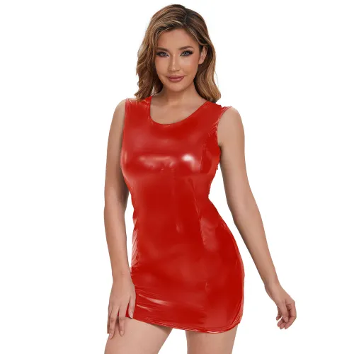 Sexy Sleeveless PU Mini Dress For Woman Faux Leather Club Dresses PQ309
