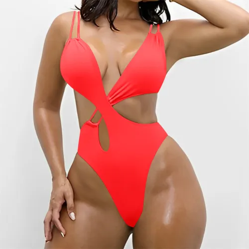 Criss Cross Swimwear One Piece Swimsuit Womens Solid Color Monokini PQ4086