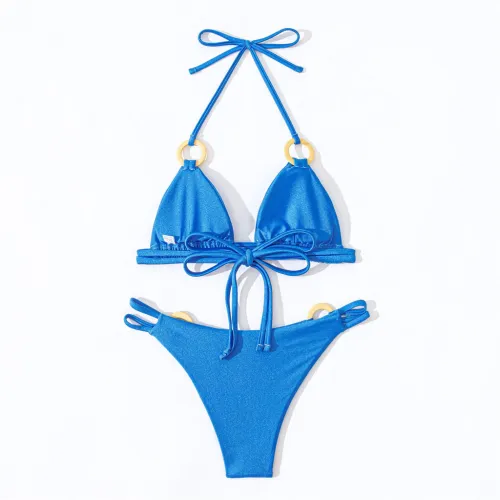 Bikini Set with Gold Ring Details, Shiny Nylon Triangle Top and String Bottom PQ4036
