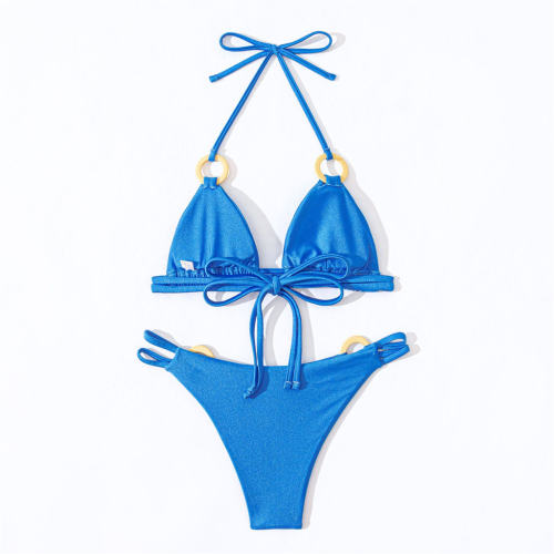 Bikini Set with Gold Ring Details, Shiny Nylon Triangle Top and String Bottom PQ4036