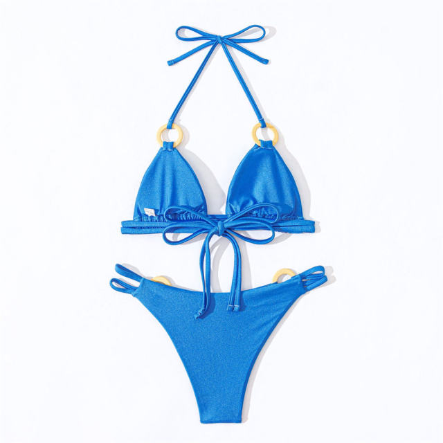 Bikini Set with Gold Ring Details, Shiny Nylon Triangle Top and String Bottom PQ4036