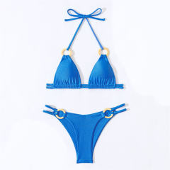 Bikini Set with Gold Ring Details, Shiny Nylon Triangle Top and String Bottom PQ4036