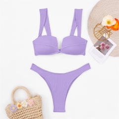 Ribbed Bikini Set For Womens Underwire Top High-Waisted Bottoms PQ4028