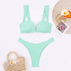 Ribbed Bikini Set For Womens Underwire Top High-Waisted Bottoms PQ4028