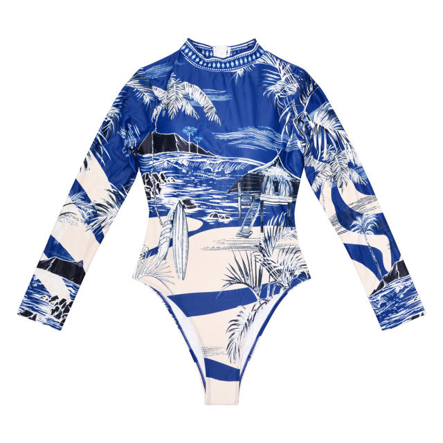 Tropical Print Long Sleeve Swimsuit One-Piece Swimwear Women Bathing Suit PQ4067