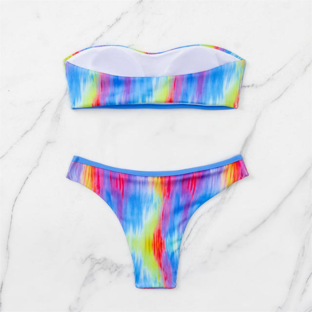 Rainbow Striped Bandeau Bikini Set Two Pieces Swimwear for Women PQ4017