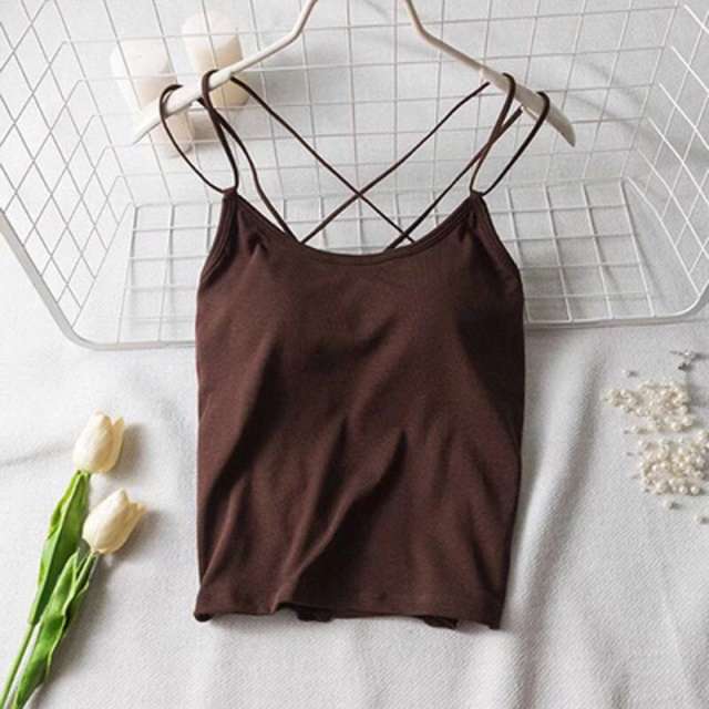 Women Sexy Camisole Vest Solid Color Criss Cross Padded Tops PQ1021