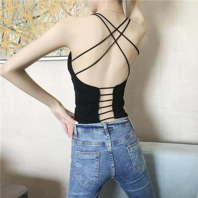 Women Sexy Camisole Vest Solid Color Criss Cross Padded Tops PQ1021