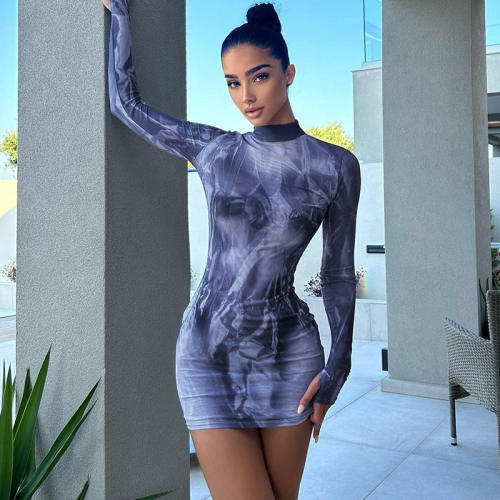 Sexy Long Sleeve Mini Dress For Woman Tie Dye Club Dresses PQ14535