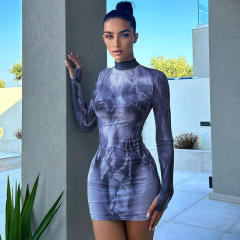 Sexy Long Sleeve Mini Dress For Woman Tie Dye Club Dresses PQ14535