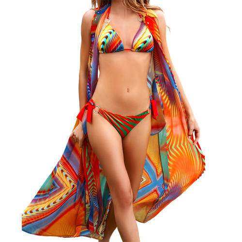 Vibrant Printed Bikini Set Halter Top, Sheer Coverup For Women PQ4062