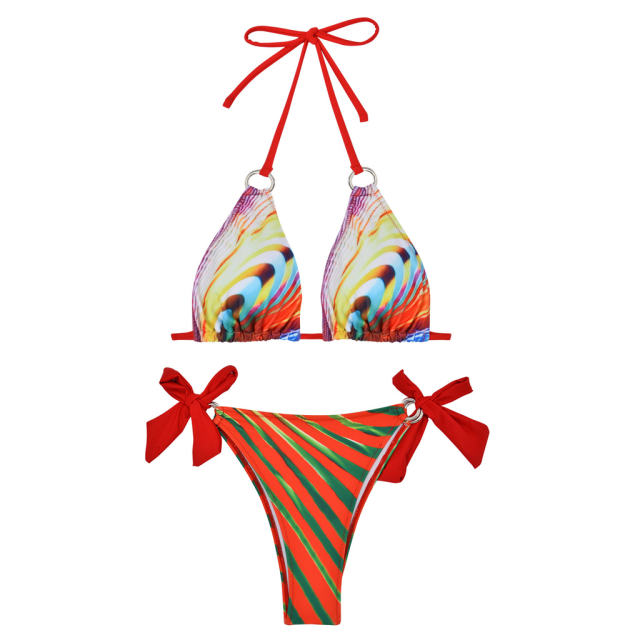 Vibrant Printed Bikini Set Halter Top, Sheer Coverup For Women PQ4062