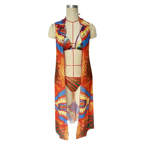 Vibrant Printed Bikini Set Halter Top, Sheer Coverup For Women PQ4062