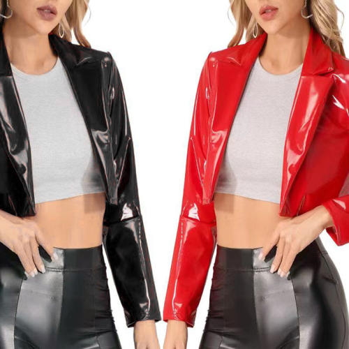 Wetlook PU Short Coat For Women Tops Faux Leather Club Wear PQ1128