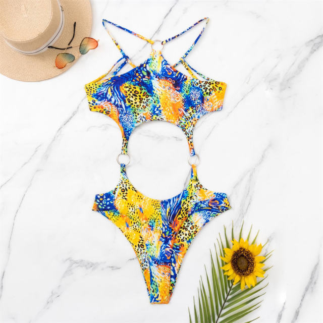 Colorful Printed One-Piece Swimsuit Adjustable Straps Swimwear for Women PQ4013