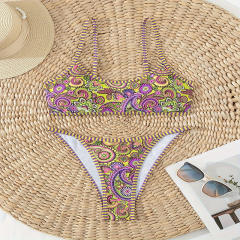 Women's Paisley Print Two-Piece Bikini Swimsuit Scoop Neck Top, Thong Bottom PQ-PD0010