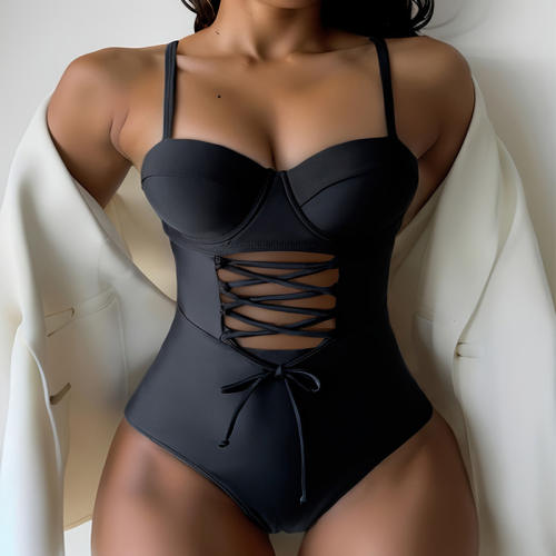 Lace-Up One Piece Swimwear for Womens Bustier Adjustable Straps Swimsuit PQ-PD0132