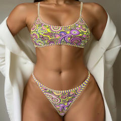 Women's Paisley Print Two-Piece Bikini Swimsuit Scoop Neck Top, Thong Bottom PQ-PD0010