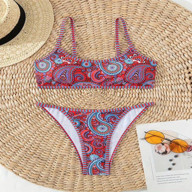 Women's Paisley Print Two-Piece Bikini Swimsuit Scoop Neck Top, Thong Bottom PQ-PD0010