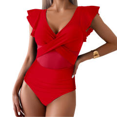 Women's Ruffle Sleeve Wrap Swimwear for Female Solid Color One Piece Swimsuit PQ-GM24136