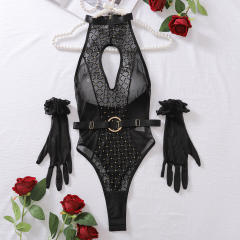 Wholesale Diamond Teddies Lingerie For Woman Mesh splicing hollow out Bodysuit PQ3834