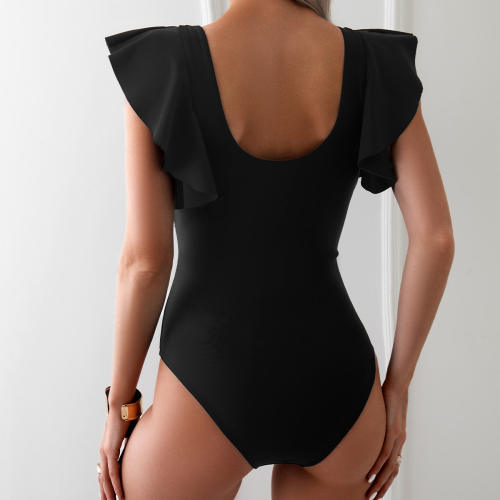 Women's Ruffle Sleeve Wrap Swimwear for Female Solid Color One Piece Swimsuit PQ-GM24136