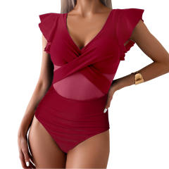 Women's Ruffle Sleeve Wrap Swimwear for Female Solid Color One Piece Swimsuit PQ-GM24136