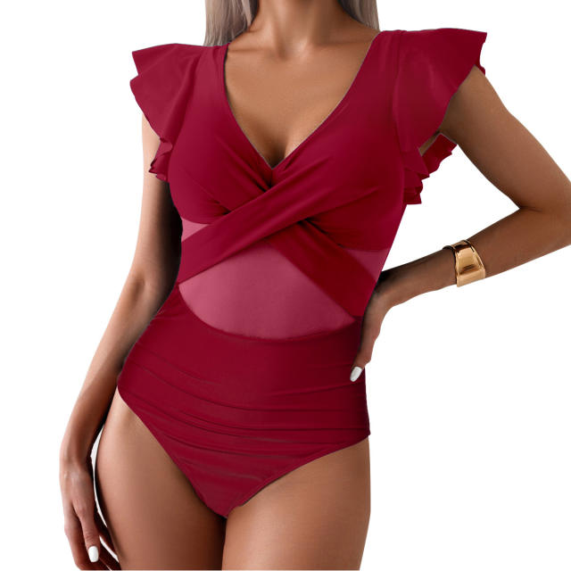 Women's Ruffle Sleeve Wrap Swimwear for Female Solid Color One Piece Swimsuit PQ-GM24136