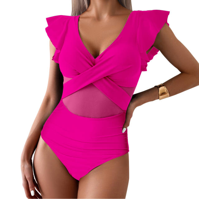 Women's Ruffle Sleeve Wrap Swimwear for Female Solid Color One Piece Swimsuit PQ-GM24136