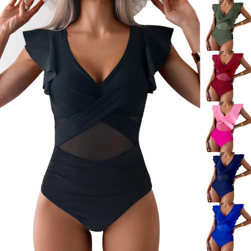 Women's Ruffle Sleeve Wrap Swimwear for Female Solid Color One Piece Swimsuit PQ-GM24136