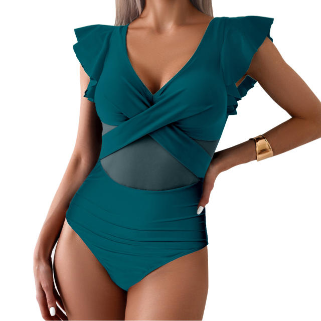 Women's Ruffle Sleeve Wrap Swimwear for Female Solid Color One Piece Swimsuit PQ-GM24136