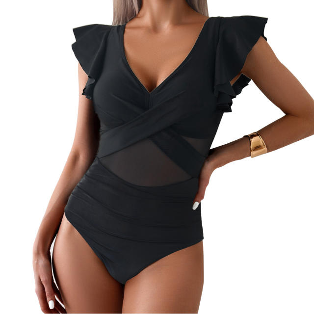 Women's Ruffle Sleeve Wrap Swimwear for Female Solid Color One Piece Swimsuit PQ-GM24136
