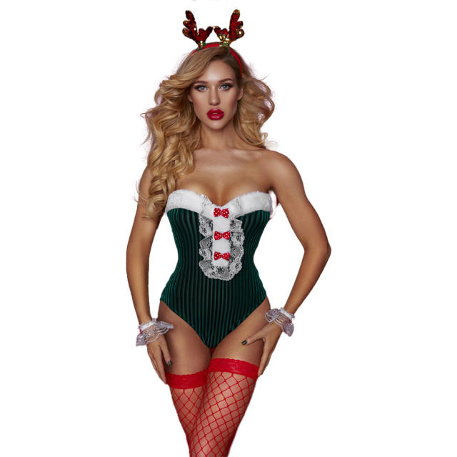 Green Reindeer Christmas Teddies Lingerie Sexy Elk Deer Xmas Costume Women PQ7520