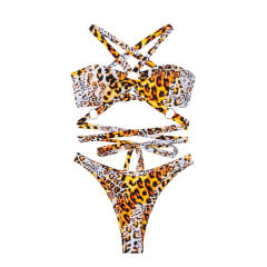 Leopard Print Two-Piece Bikini Set, Underwire Top with Ring Detail Swimwear PQ4045