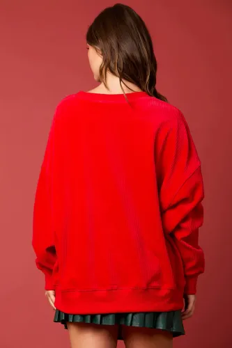 Corduroy Christmas Sweaters For Women Santa Claus Pullover Xmas Tops PQ416