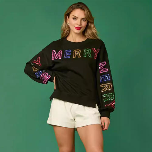 Sequin Christmas Pullover Santa Claus Sweaters For Women Xmas Tops PQ417