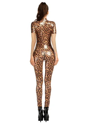 Leopard Print Zip-Up Jumpsuit, Short Sleeves Cheetah Catsuit For Womens PQ68012