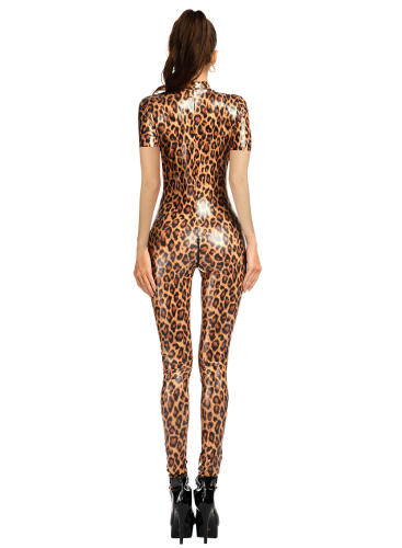 Leopard Print Zip-Up Jumpsuit, Short Sleeves Cheetah Catsuit For Womens PQ68012