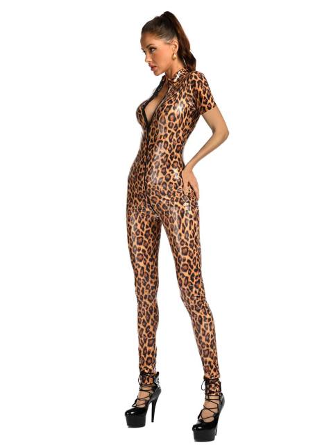 Leopard Print Zip-Up Jumpsuit, Short Sleeves Cheetah Catsuit For Womens PQ68012