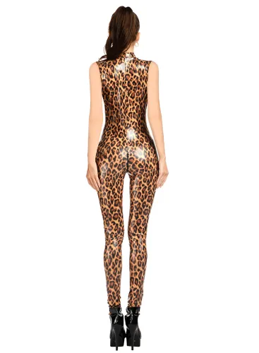 Leopard Print Jumpsuit Sleeveless Women Catsuit Night Club Wear PQ6800