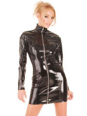 Sexy Front Zipper Mini Dress Woman Faux Leather Dresses Long Sleeve Club Wear PQ7258