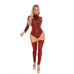 Sexy Faux Leather Bodysuit for Women Vinyl Clubwear PU Teddies PQ6031