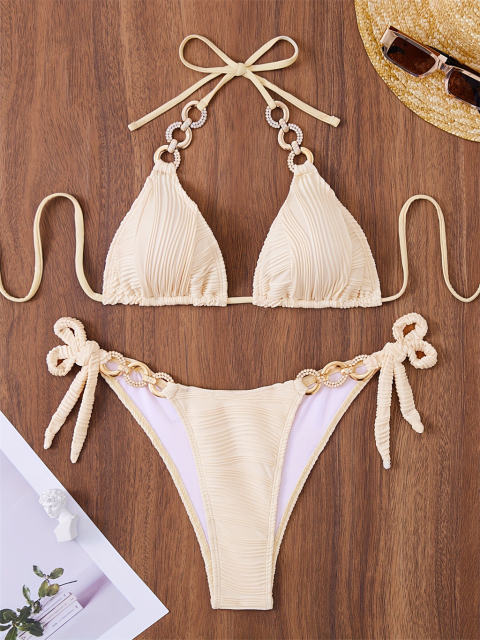 Crochet Bikini Set, Triangle Swimwear for Women Solid Color Bathing Suit PQ5013