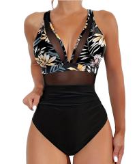 Floral Print Halter One-Piece Swimsuit Retro Swimwear for Women Vintage Bathing Suit PQ5057