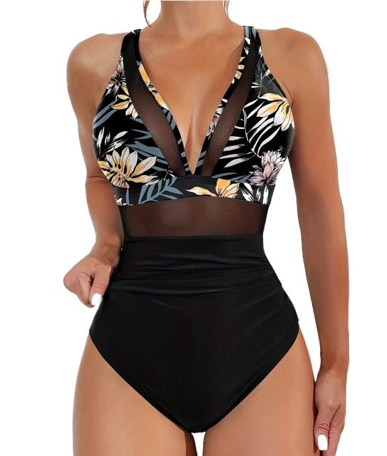 Floral Print Halter One-Piece Swimsuit Retro Swimwear for Women Vintage Bathing Suit PQ5057