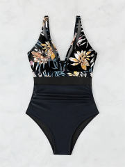 Floral Print Halter One-Piece Swimsuit Retro Swimwear for Women Vintage Bathing Suit PQ5057